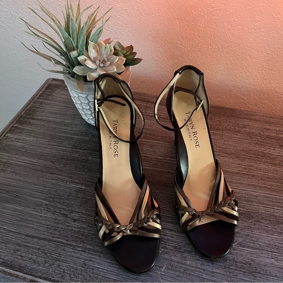 Taryn Rose Shoes Strappy Brown Gold Copper Leather Heels Womens 39 1/2